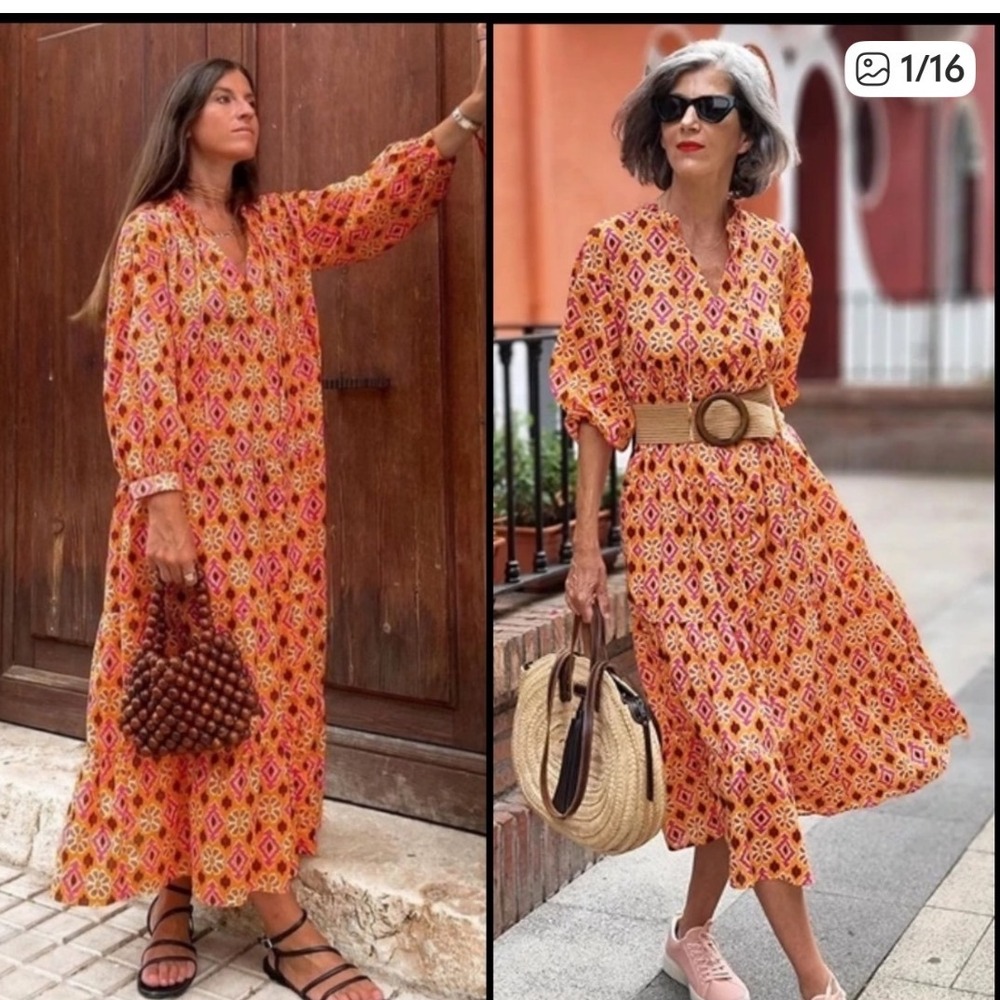 Zara Womens Selma Orange Geometric Floral Midi Dress‎ XS Ruffle Neck Boho NWOT